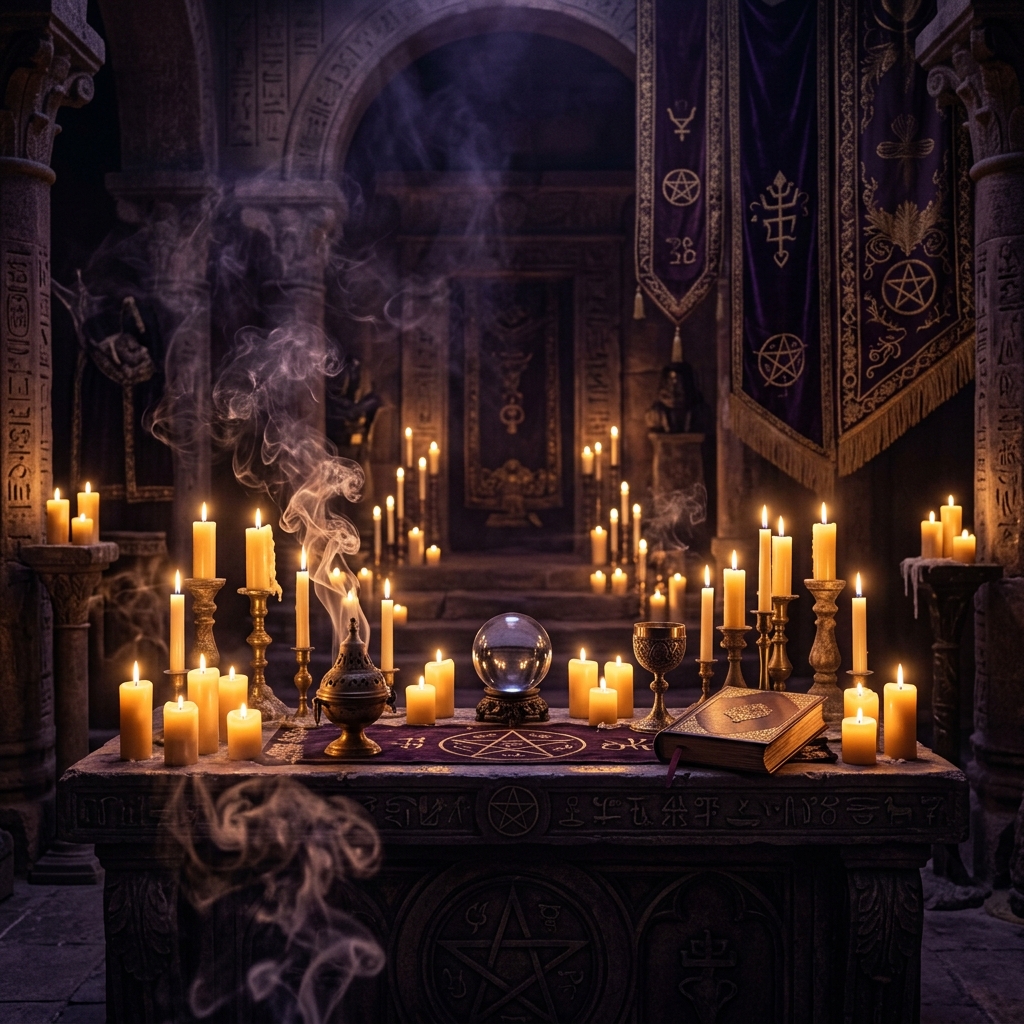 Altar esotérico tradicional, iluminado por velas doradas tenues con volutas de incienso sagrado envolviendo el espacio en un aura de solemnidad y misterio.